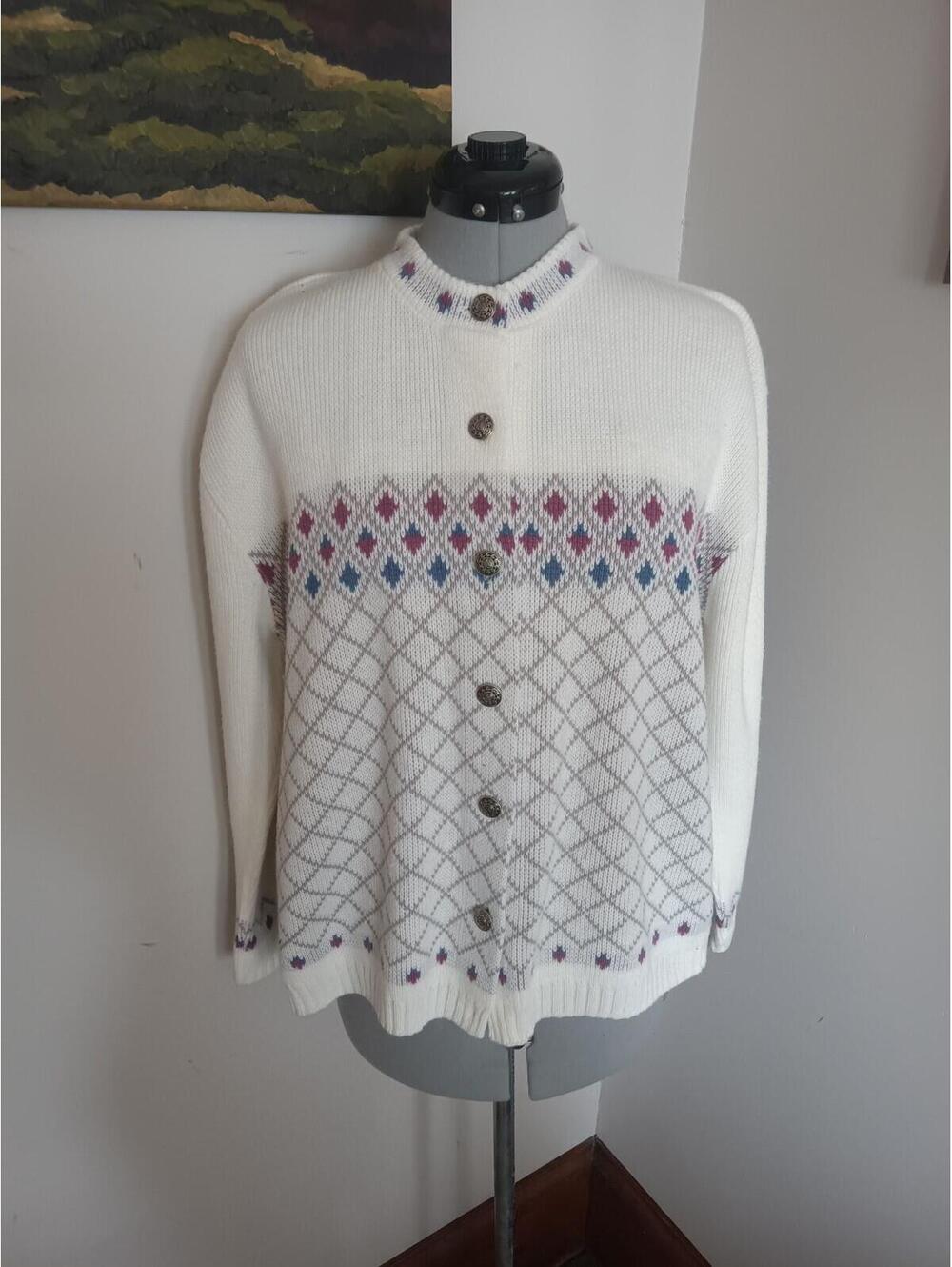 Vintage Patterned Sweater, Grandma Jantzen Style Cardigan Size M/L